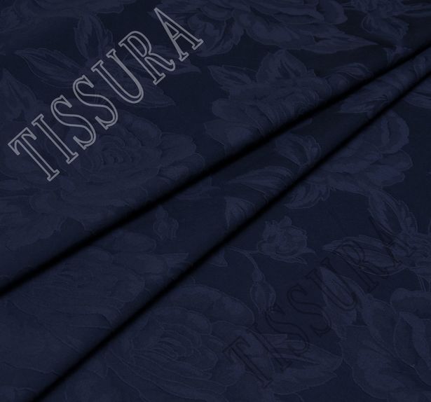 Жаккард-стрейч двусторонний темно-синего цвета с цветочным рисунком #1