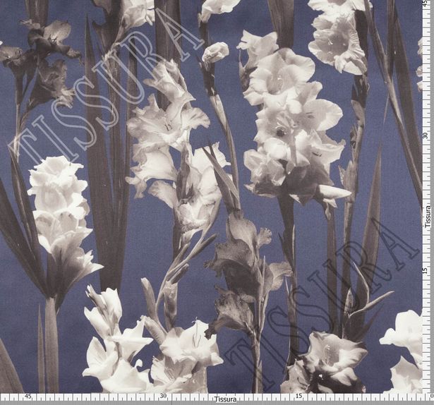 Атлас шелковый темно-синего оттенка с цветочным рисунком #2