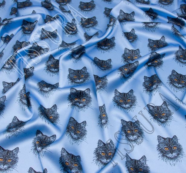Атлас стрейч с изображением кошек на голубом фоне #1