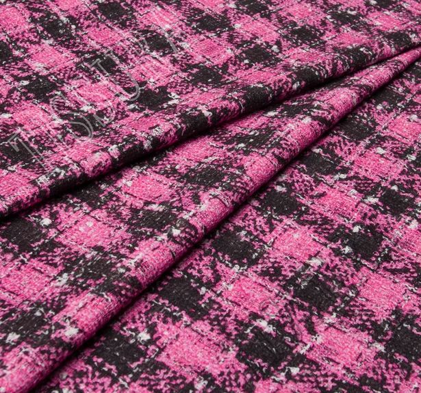 Ткань «рогожка» из фасонных нитей двусторонняя розово-серая клетка и леопардовым принтом #2