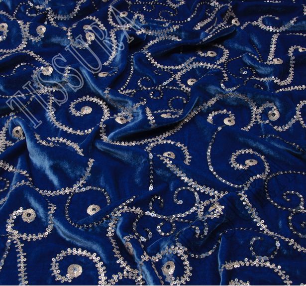 Роскошный шелковый бархат цвета «королевский синий», расшитый пайетками #4