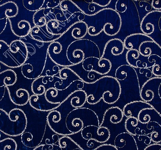 Роскошный шелковый бархат цвета «королевский синий», расшитый пайетками #3