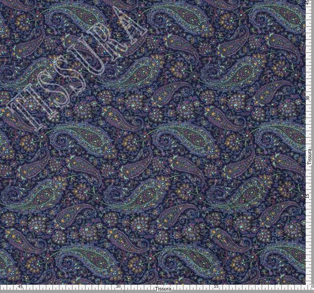 Ткань из 100% хлопка темно-синего цвета, декорированная узором пейсли в фиолетовых и бирюзовых тонах #2