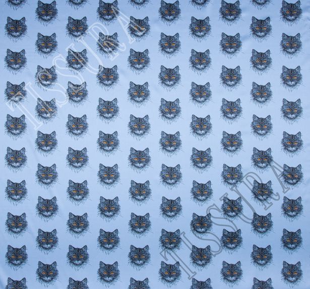 Атлас стрейч с изображением кошек на голубом фоне #2