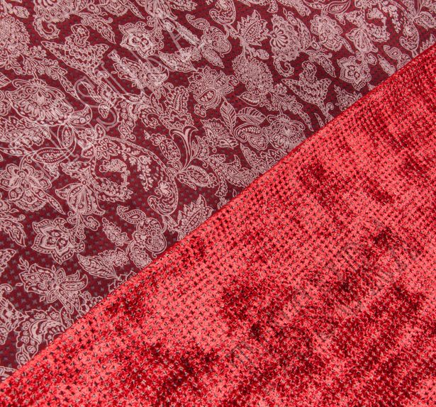 Двухсторонний бархат: красный, бежевый - украшен узором деворе «гусиная лапка», изнаночная – принтом пейсли #1