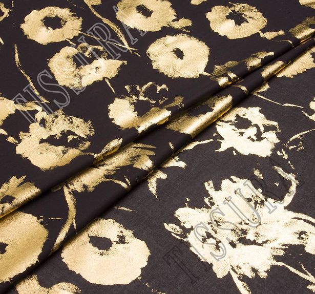 Ткань из 100% хлопка: на черном фоне золотистое напыление в виде принта с цветами (анемонами) #1