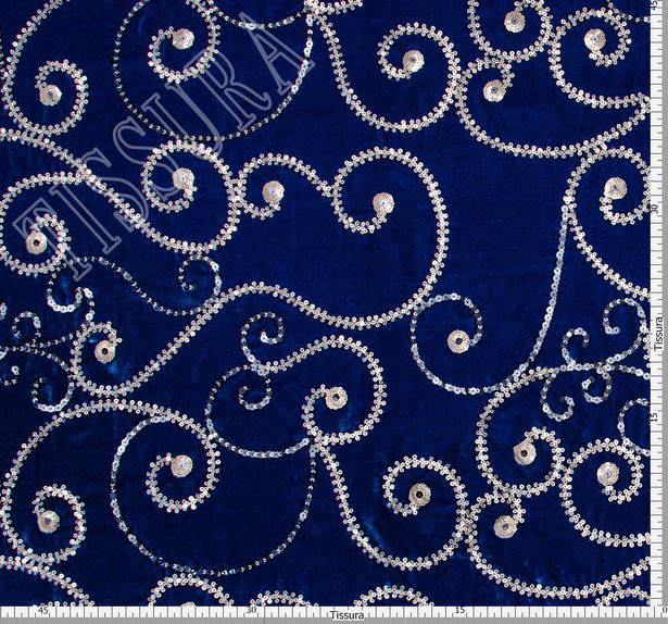 Роскошный шелковый бархат цвета «королевский синий», расшитый пайетками #2