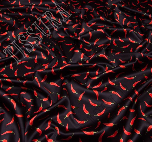 Шелковый атлас с красными перчиками на черном фоне #1