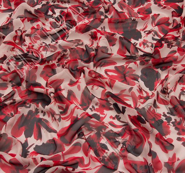 Ткань жоржет из 100% шелка, цветочный принт на молочном фоне: основные цвета узора – красный и черный #3