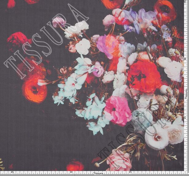 Жоржет шёлковый с цветочным принтом на черном фоне #2