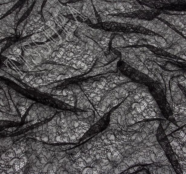 Французское кружево шантильи черного, полупрозрачного цвета с растительным дизайном, край фестонный #4