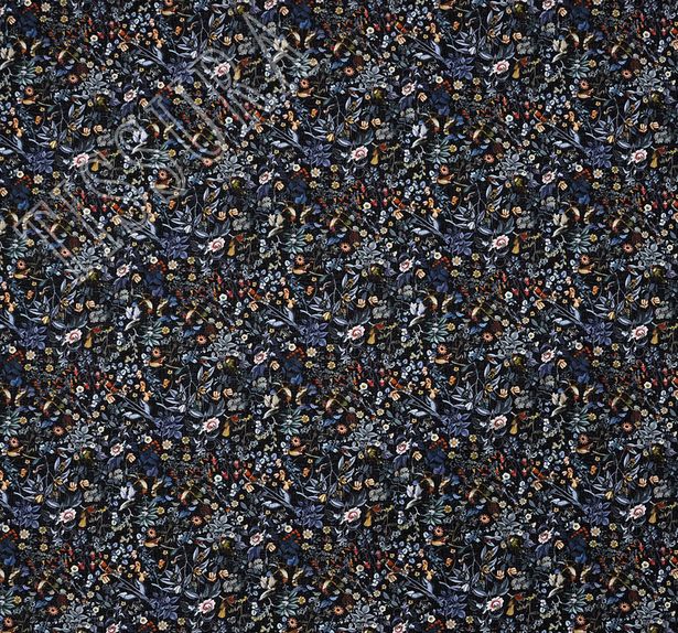 Поплин черный непрозрачный хлопок, на который нанесен мелкий цветочный рисунок преимущественно в синих тонах #3
