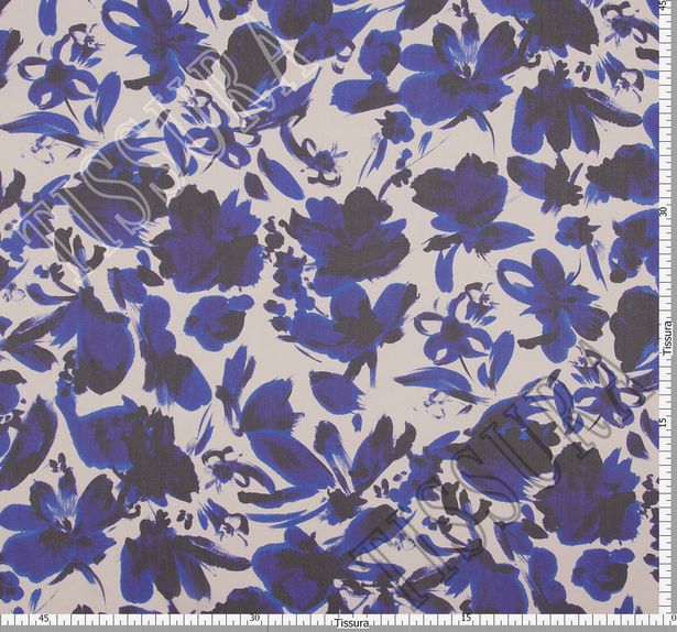 Ткань жоржет из 100% шелка, цветочный принт на молочном фоне: основные цвета узора – синий и темно-синий #2