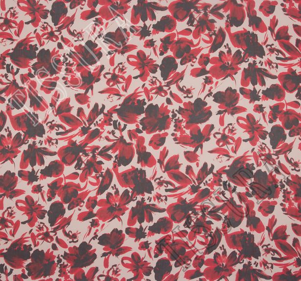 Ткань жоржет из 100% шелка, цветочный принт на молочном фоне: основные цвета узора – красный и черный #1