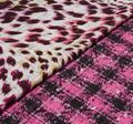 Ткань «рогожка» из фасонных нитей двусторонняя розово-серая клетка и леопардовым принтом #1