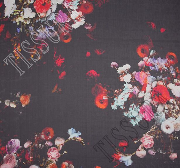 Жоржет шёлковый с цветочным принтом на черном фоне #3