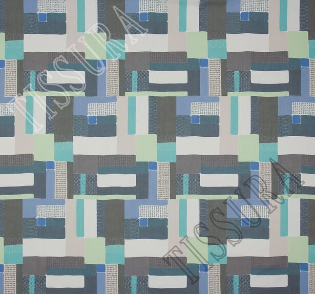 Ткань жоржет из 100% шелка с геометрическим принтом: основные цвета узора – синий, зеленый, серый, коричневый #3