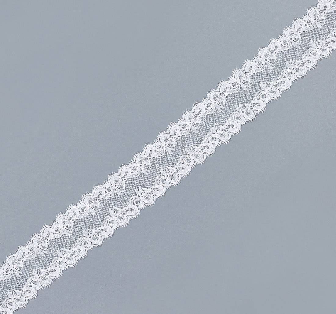 Тесьма эластичная кружевная "шантильи". Фестоны по обеим сторонам. Цвет белый в наличии