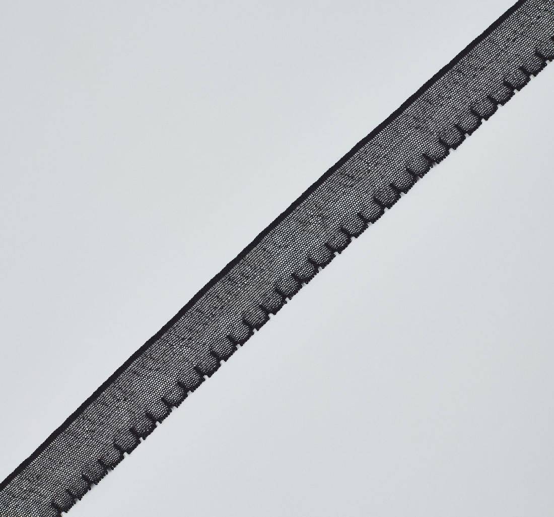 Тесьма черная кружевная из хлопка. Мелкая сетка бобинет, фестоны по краю в наличии