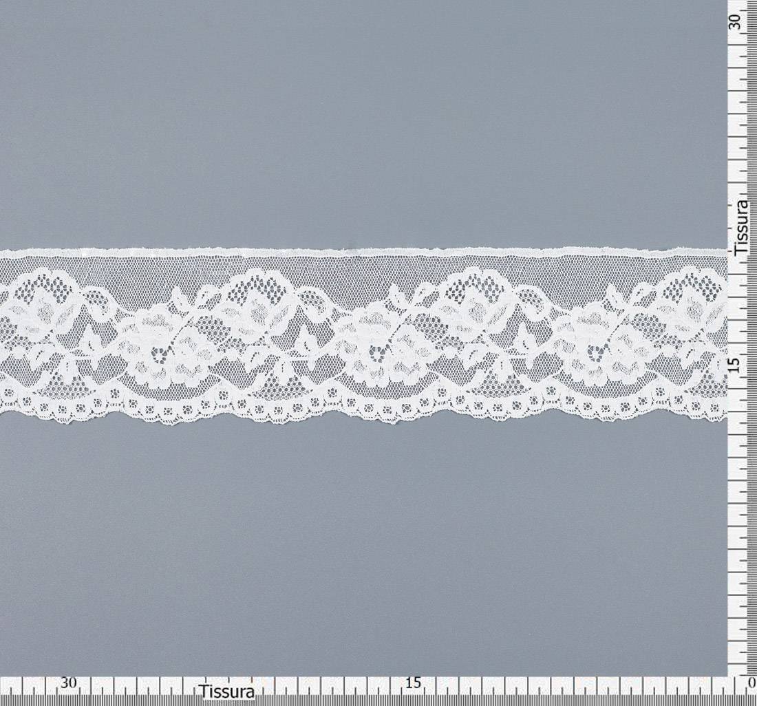 Тесьма кордовая кружевная из хлопка белого цвета с растительным орнаментом с фестонами по краю в наличии