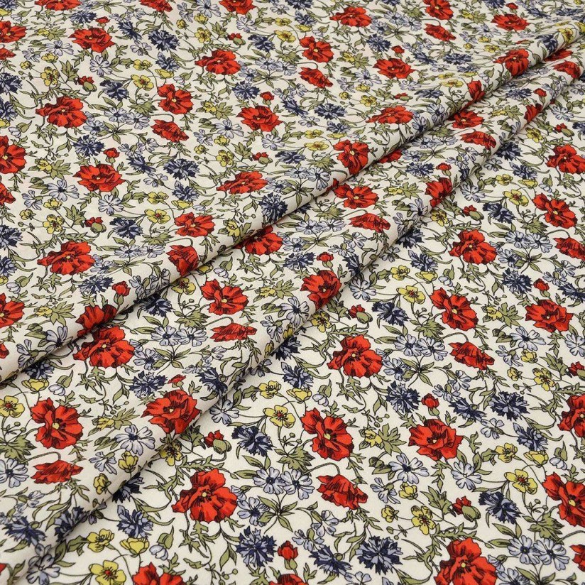 Хлопок Tana Lawn от Liberty. Принт «Ballerine poppy» (Танцующий мак). Цвет красный/голубой/белый в наличии