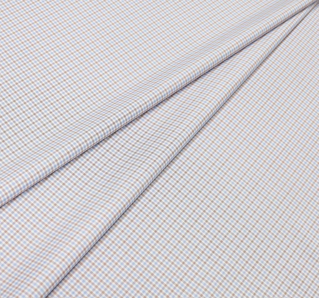 Сорочечная ткань из 100% хлопка в бежево-голубую клеточку на белом из коллекции "Зефир" от Thomas Mason в наличии