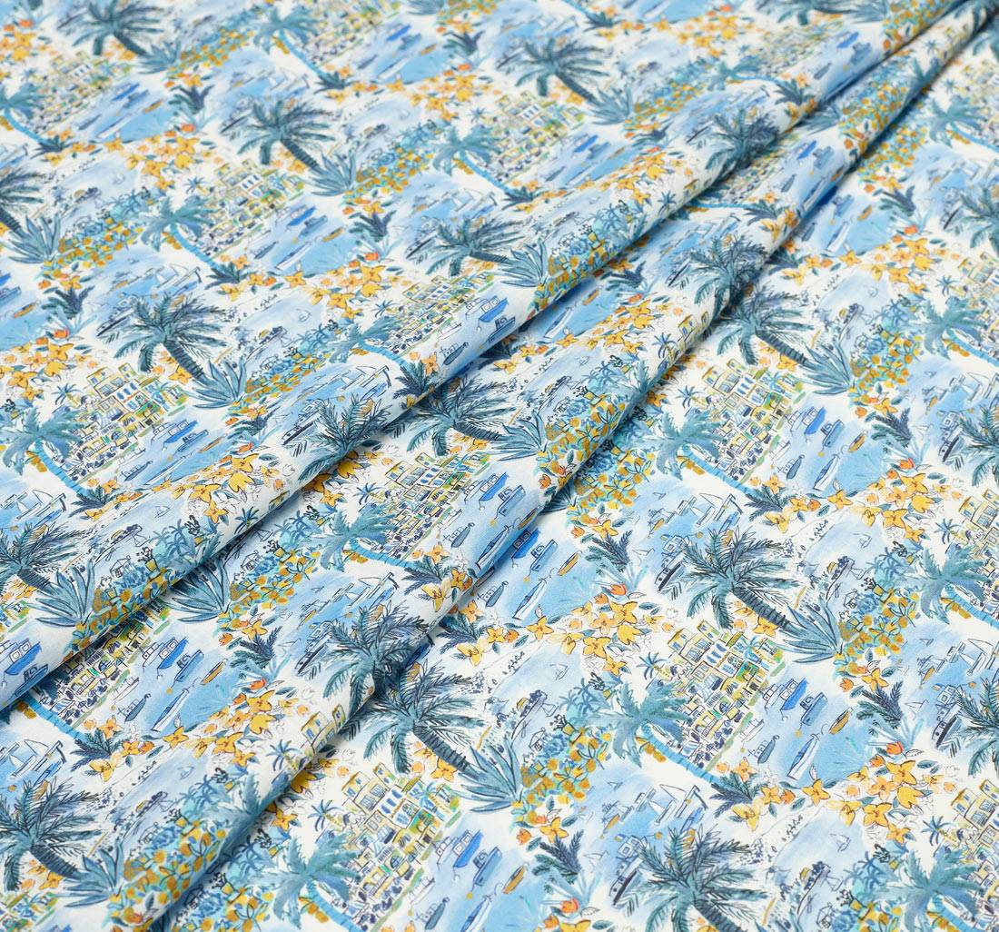 Ткань из смеси льна и хлопка от Liberty. Принт с курортными мотивами «Holiday Vista» (Холидей Виста) в наличии