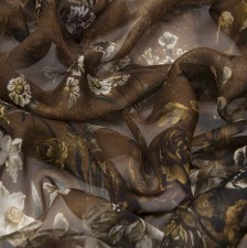 Шифон шелковый. Цветочный принт на коричневом фоне в наличии