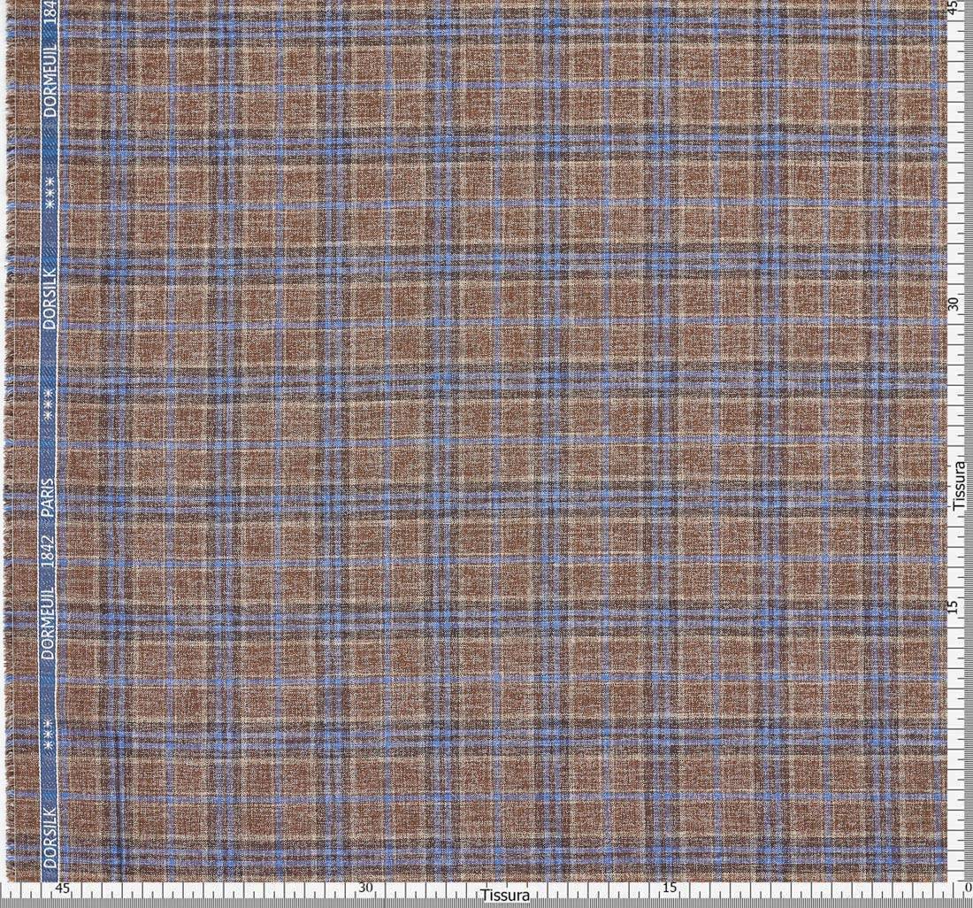 Ткань костюмная из шерсти и шелка из коллекции "Dorsilk" от Dormeuil в коричнево-синюю клетку с эффектом "делаве" в наличии