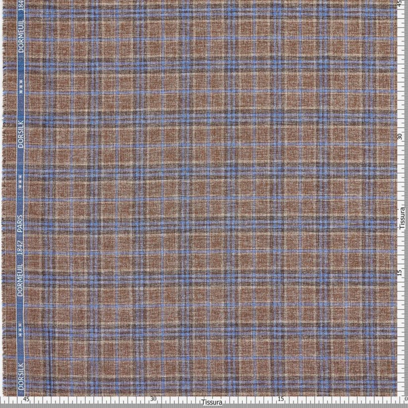 Ткань костюмная из шерсти и шелка из коллекции "Dorsilk" от Dormeuil в коричнево-синюю клетку с эффектом "делаве" в наличии