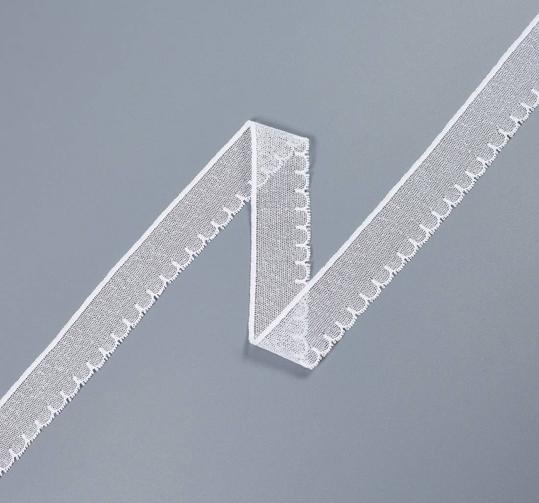 Тесьма кружевная из хлопка белая в мелкую сетку бобинет с фестонами по краю в наличии