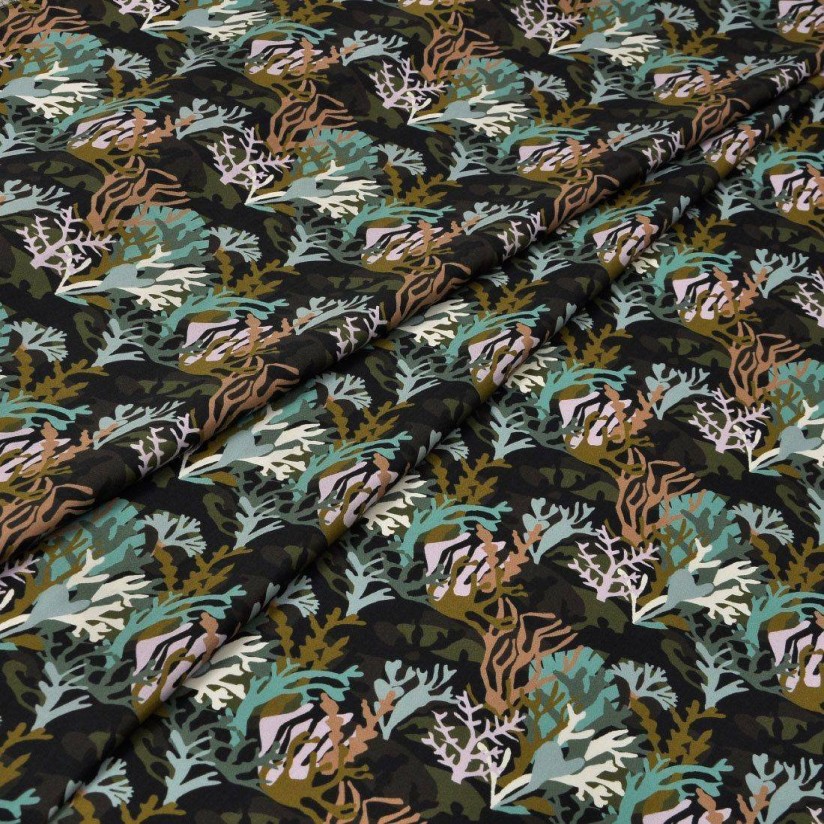 Хлопок Tana Lawn от Liberty. Принт «Coral camo» (Коралловый камуфляж). Цвет черный/бирюзовый/коричневый в наличии