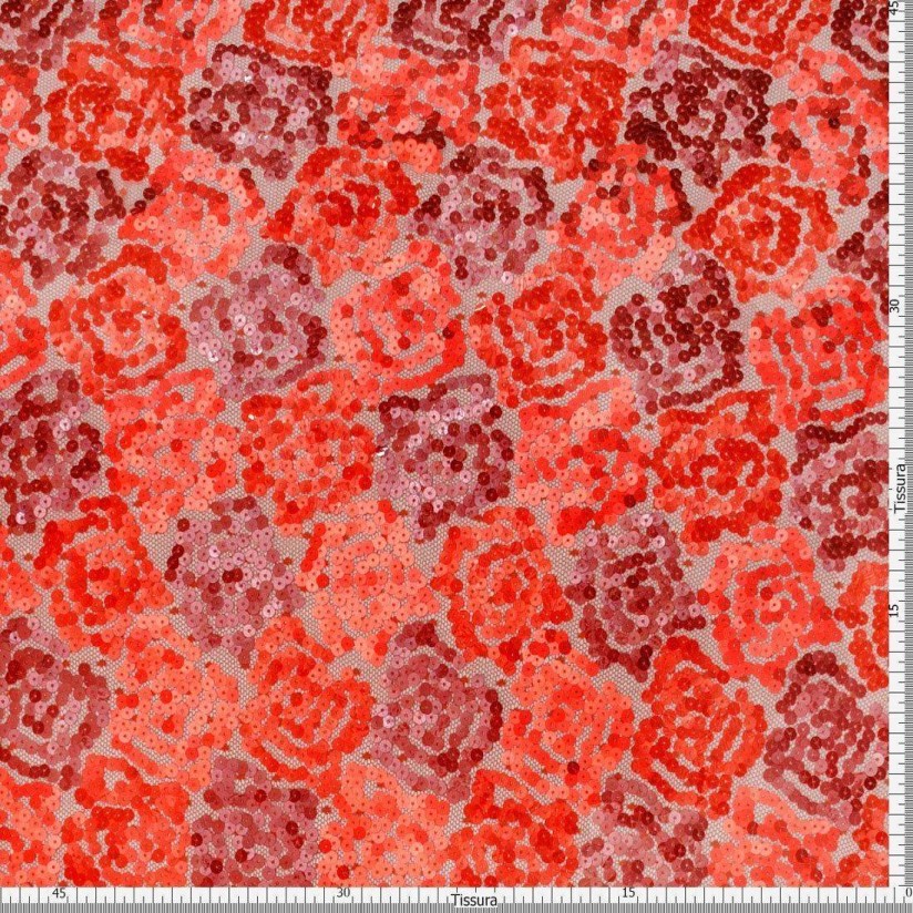 Сетка point d'esprit красная, расшитая пайетками и декорированная бахромой из пайеток в наличии