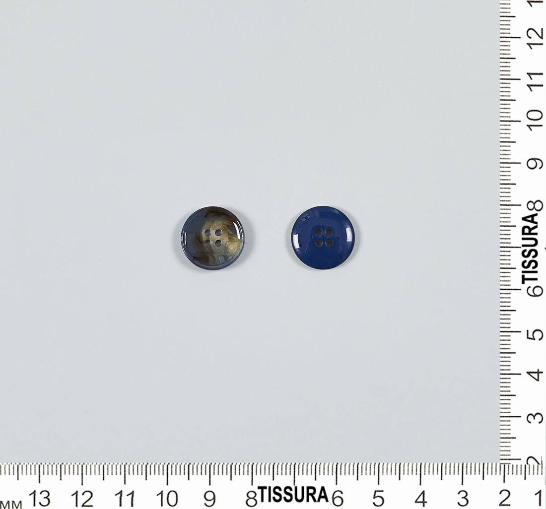 Пуговица пластмассовая на 4 прокола, блестящая. Имитация натурального рога. Цвет серо-синий в наличии