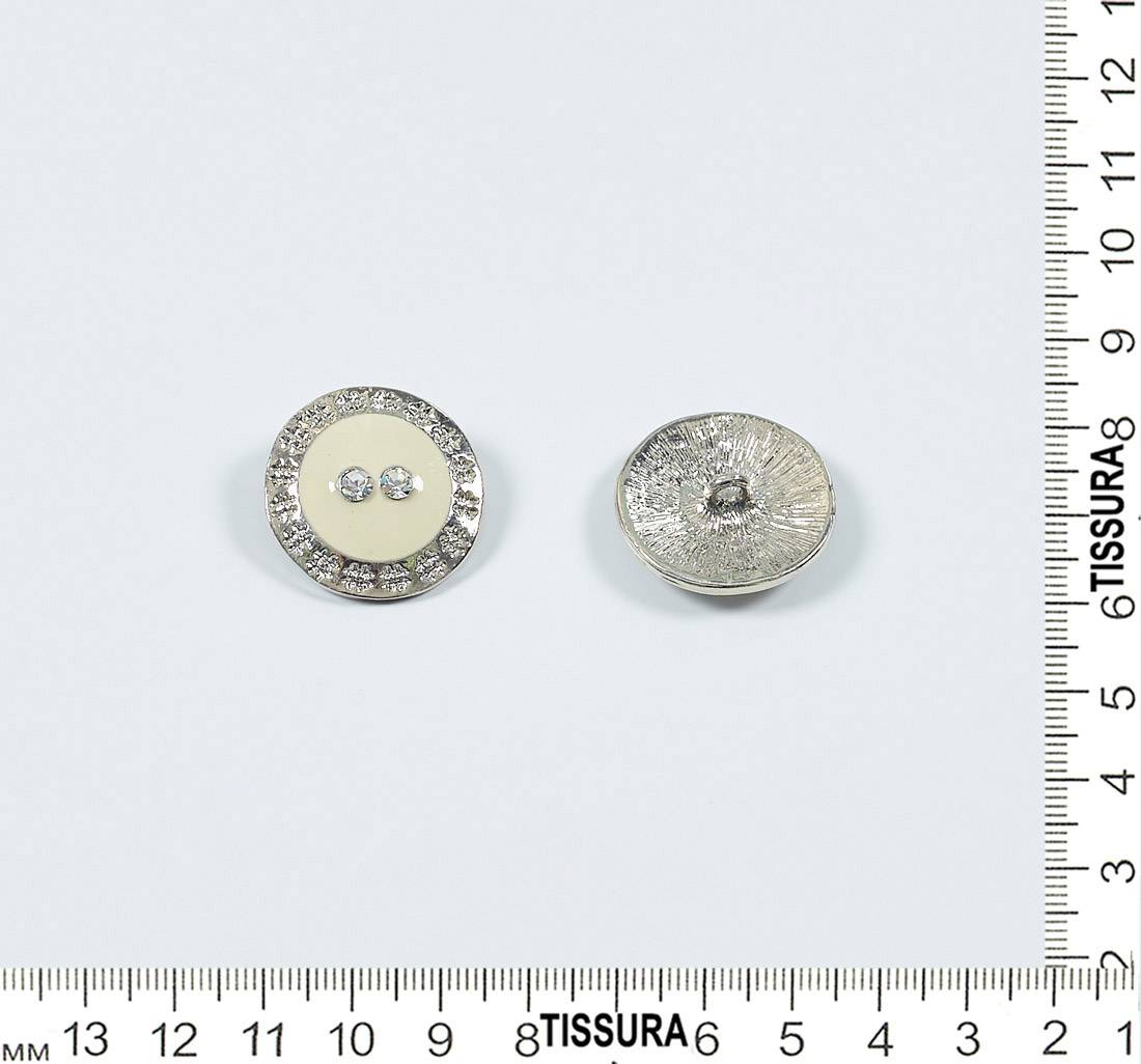 Пуговица металлическая на ножке, декорированная эмалью и кристаллами Swarovski. Цвет серебро/слоновая кость в наличии