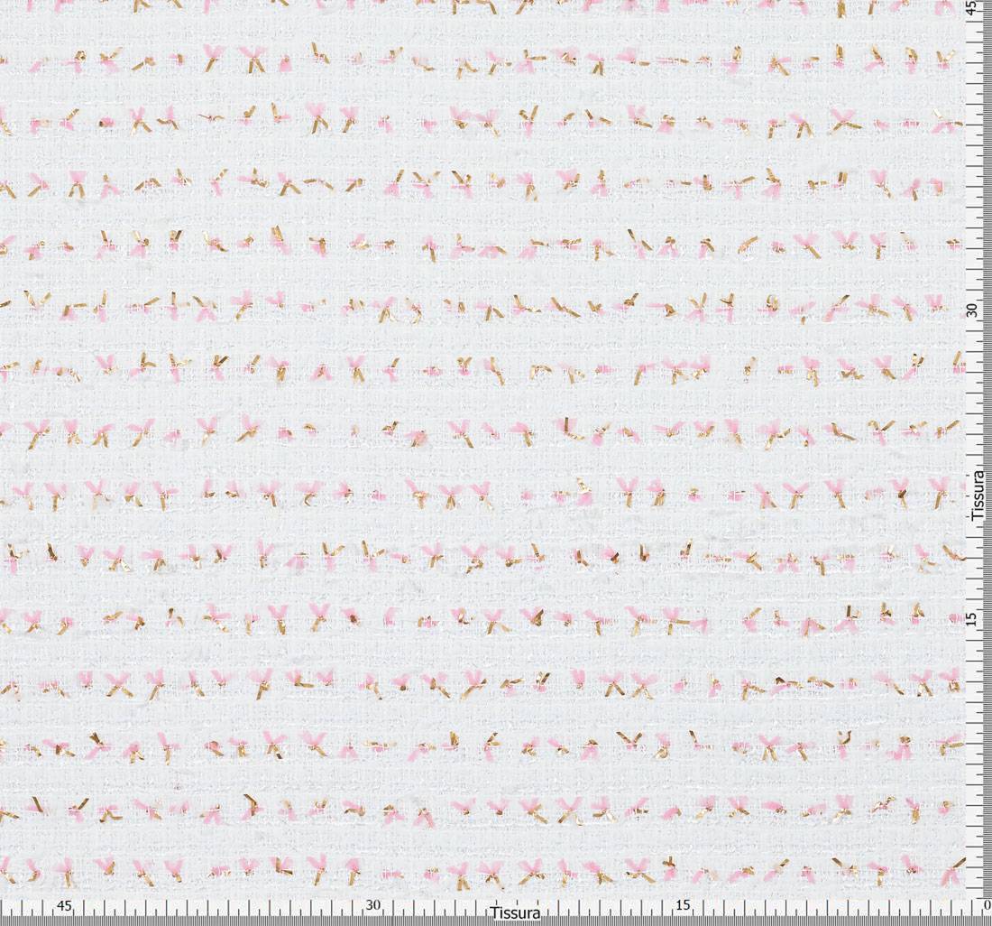 Ткань в стиле "Шанель" белого цвета с розово-золотыми бантиками в наличии