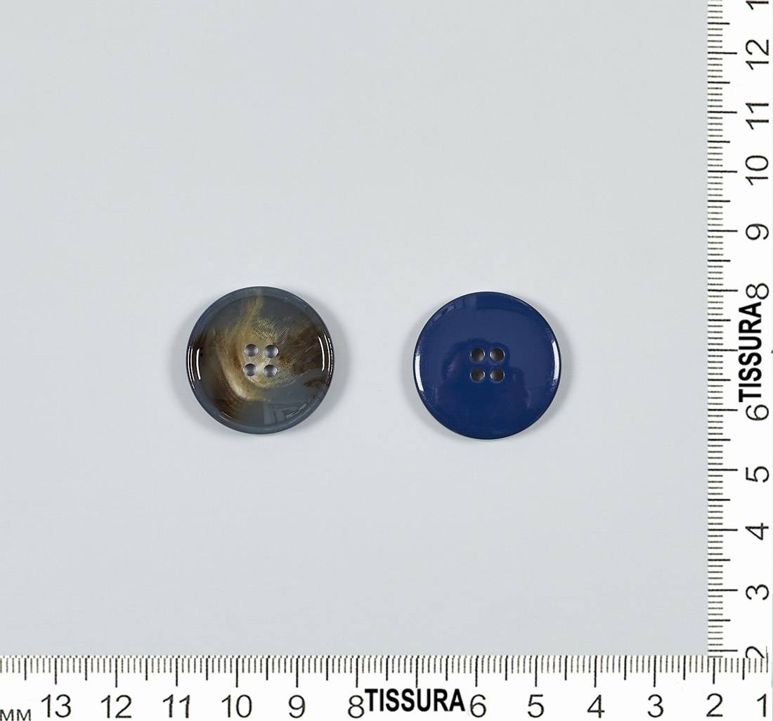 Пуговица пластмассовая на 4 прокола, блестящая. Имитация натурального рога. Цвет серо-синий в наличии