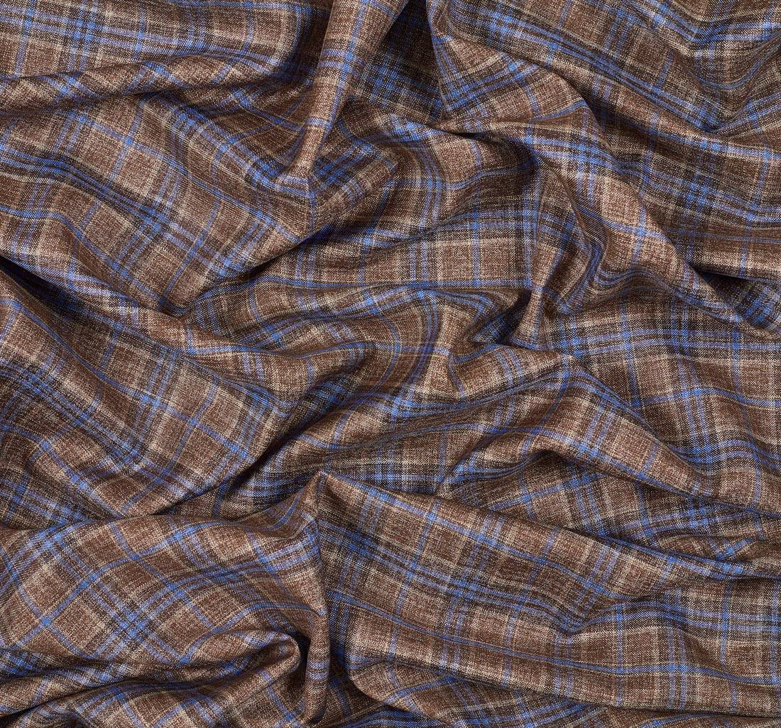 Ткань костюмная из шерсти и шелка из коллекции "Dorsilk" от Dormeuil в коричнево-синюю клетку с эффектом "делаве" в наличии