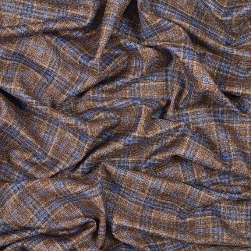 Ткань костюмная из шерсти и шелка из коллекции "Dorsilk" от Dormeuil в коричнево-синюю клетку с эффектом "делаве" в наличии