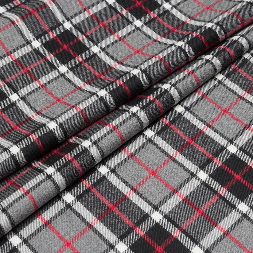 Шерсть костюмная в шотландскую клетку "тартан" в стиле Барберри (Burberry) в черно-серых тонах с добавлением красного цвета в наличии