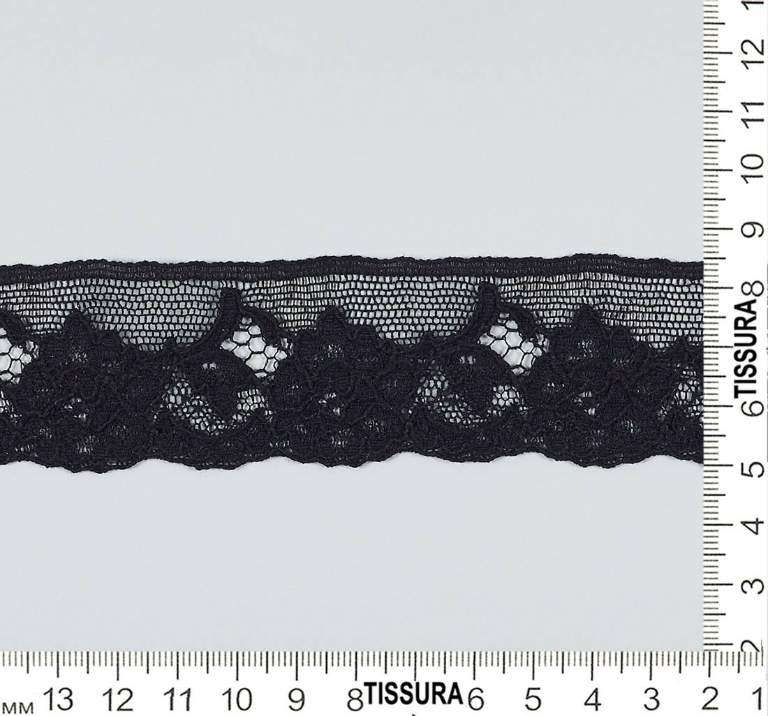 Тесьма кружевная кордовая из хлопка. Флористический орнамент на сетке. Фестоны по краю. Цвет черный в наличии