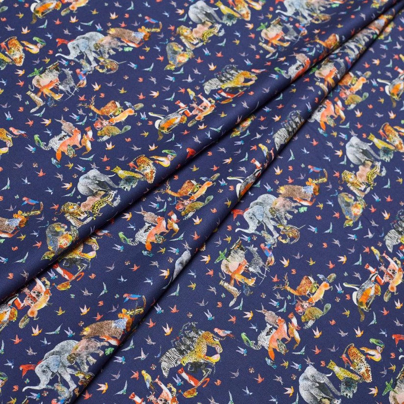 Ткань Tana Lawn™ из органического хлопка. Принт  «Jungle crumble» (Вечеринка в джунглях). Цвет синий/голубой/оранжевый/желтый в наличии