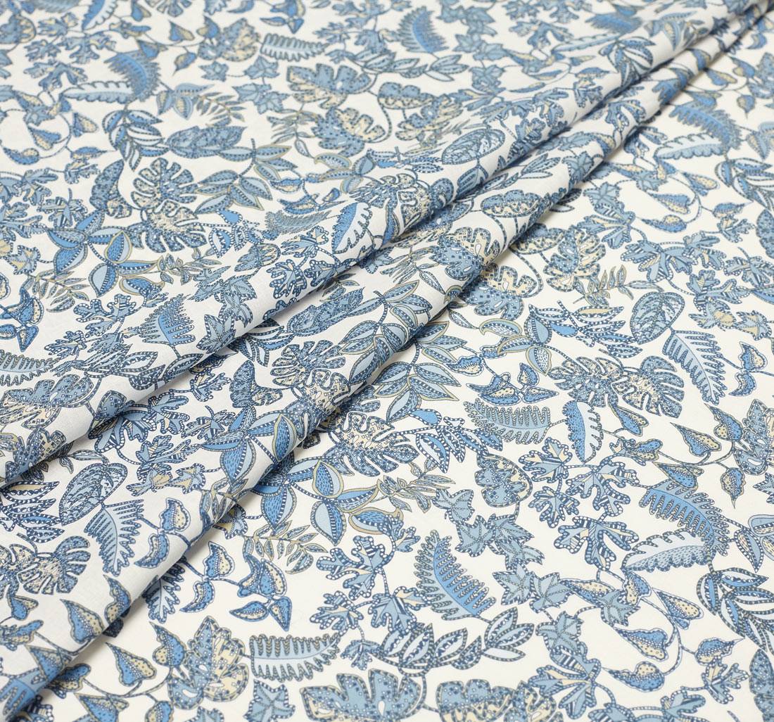 Ткань из смеси льна и хлопка от Liberty. Сине-бежевый принт «Palm house» (Пальмовый домик) выполнен на белом фоне в наличии