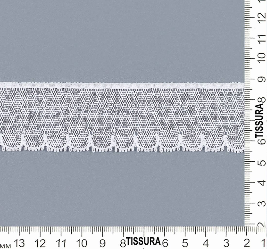 Тесьма кружевная из хлопка белая в мелкую сетку бобинет с фестонами по краю в наличии