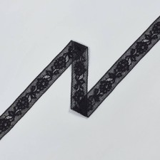 Черная тесьма кружевная кордовая из хлопка с распустившимися цветами и пышными листьями в наличии
