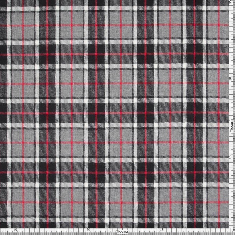 Шерсть костюмная в шотландскую клетку "тартан" в стиле Барберри (Burberry) в черно-серых тонах с добавлением красного цвета в наличии