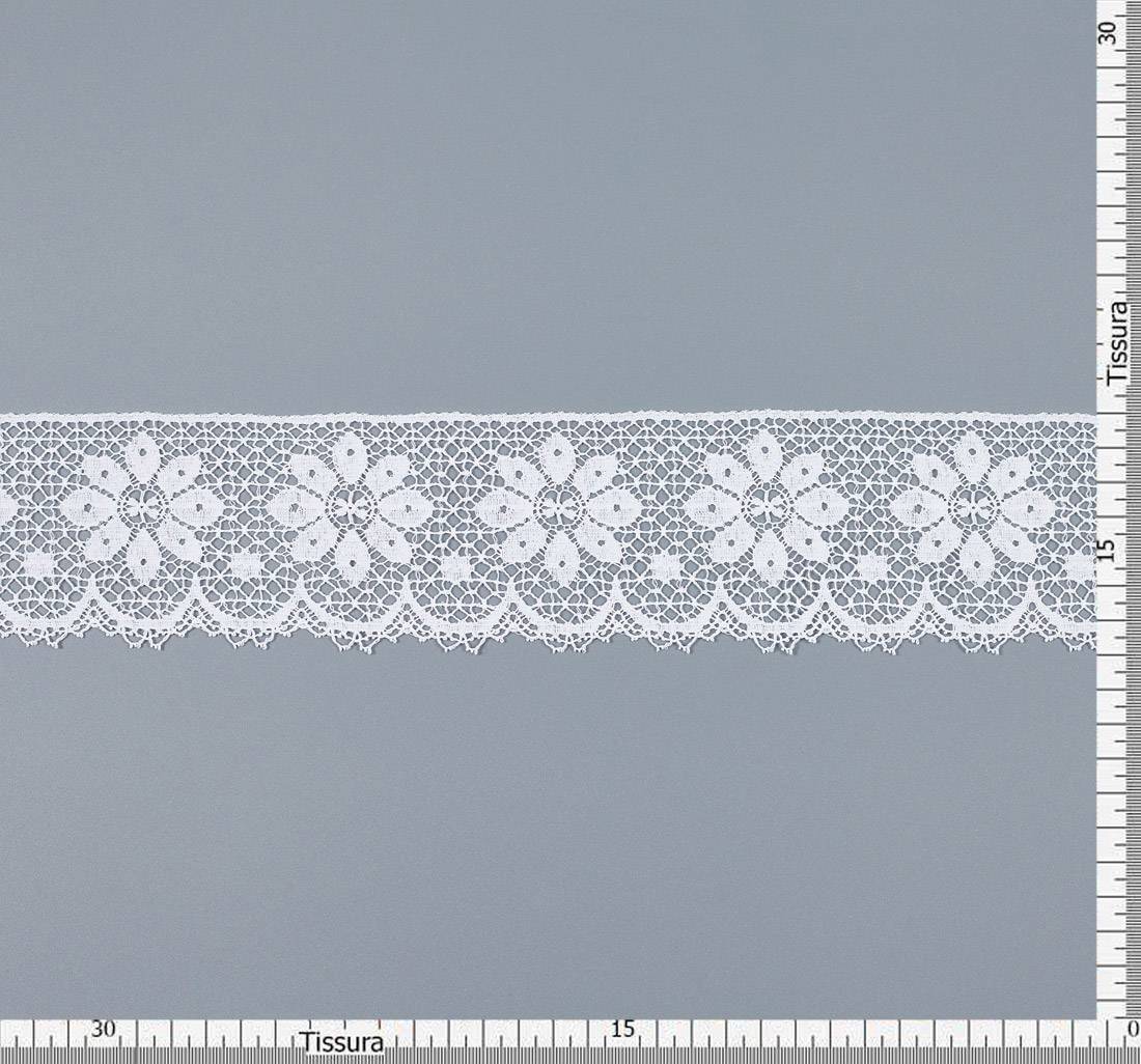 Тесьма кружевная из хлопка. Узор «ромашки». Фестоны по краю. Цвет белый в наличии