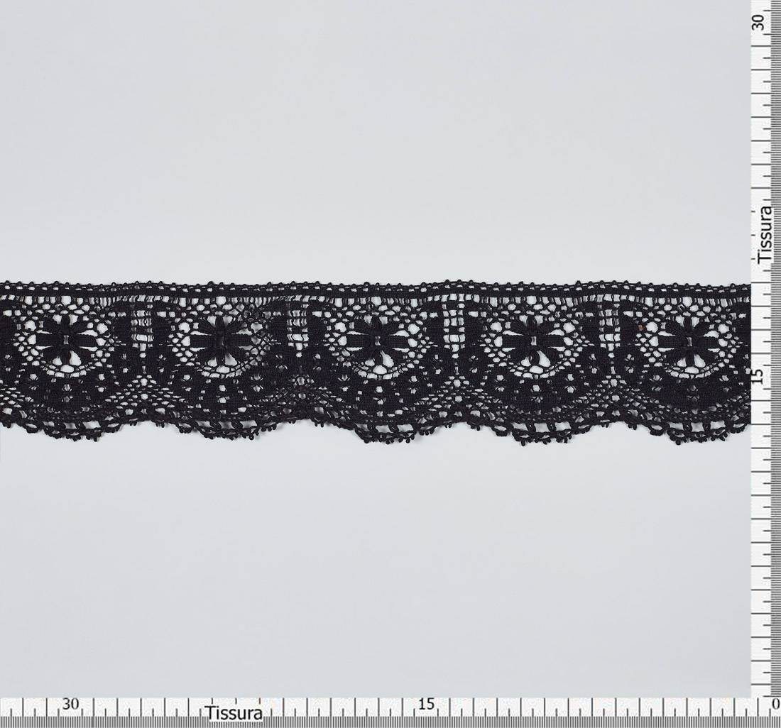Тесьма кружевная из хлопка. Стилизованные цветы-звездочки. Фестоны по краю. Цвет черный в наличии