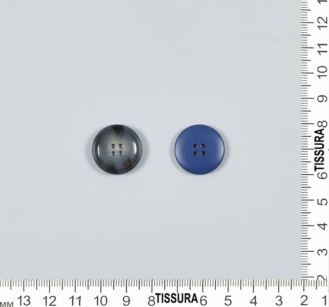 Пуговица пластмассовая на 4 прокола. Имитация натурального рога буйвола. Цвет синий в наличии