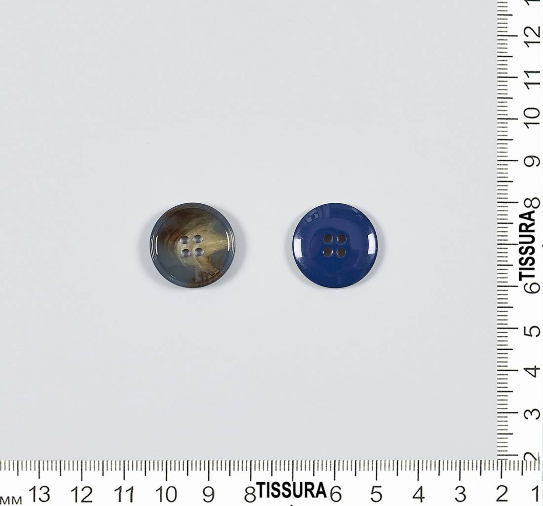 Пуговица пластмассовая на 4 прокола, блестящая. Имитация натурального рога. Цвет серо-синий в наличии